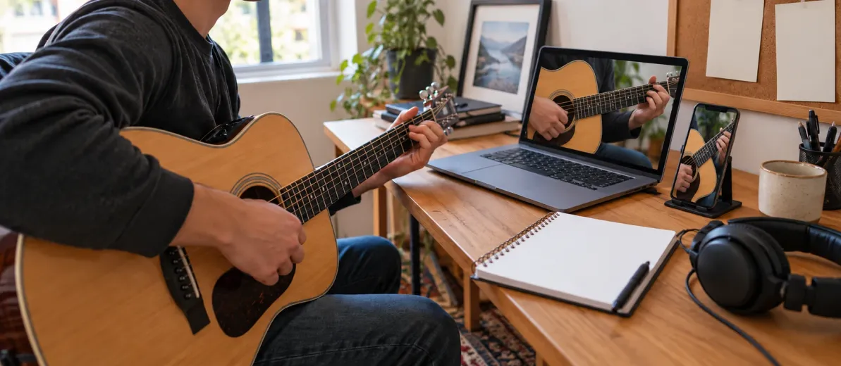 Akustik gitar çalan kişi ve aynı çalışmayı fotoğraf olarak gösteren bilgisayar ile telefon