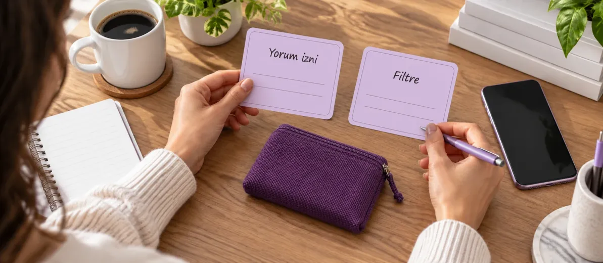 Mor bez cüzdan yanında yorum izni ve filtre kartlarını değerlendiren eller