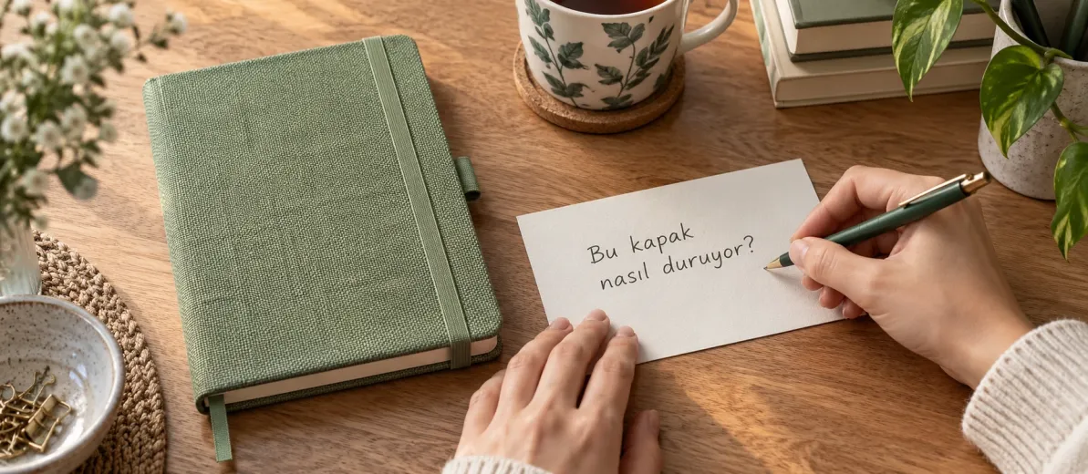 Yeşil kumaş defter kapağı yanında başlangıç cümlesi yazan eller