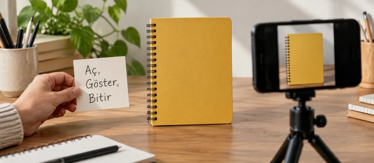 Hardal renkli defter yanında kısa konuşma notları hazırlanan masa