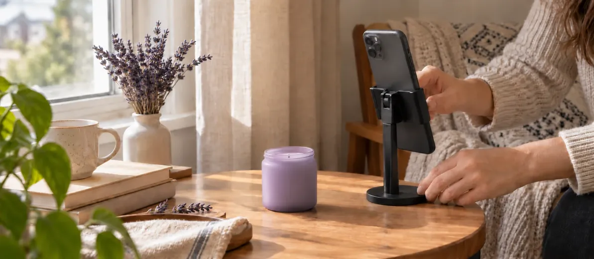 Pencere yanındaki sabit masada mor kavanozu çekime hazırlayan telefon