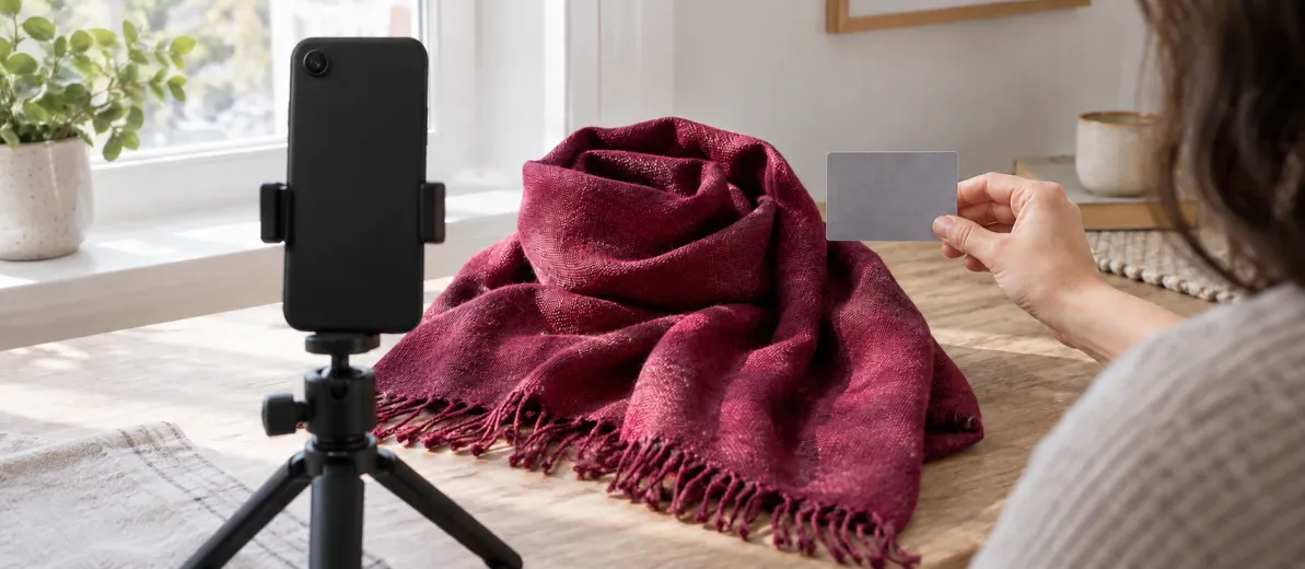 Pencere ışığında bordo kumaşın yanında gri kart tutan el ve arkası görünen siyah telefon