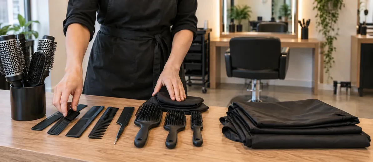 Boş kuaför salonunda tarakları, fırçaları ve siyah pelerinleri düzenleyen kişi