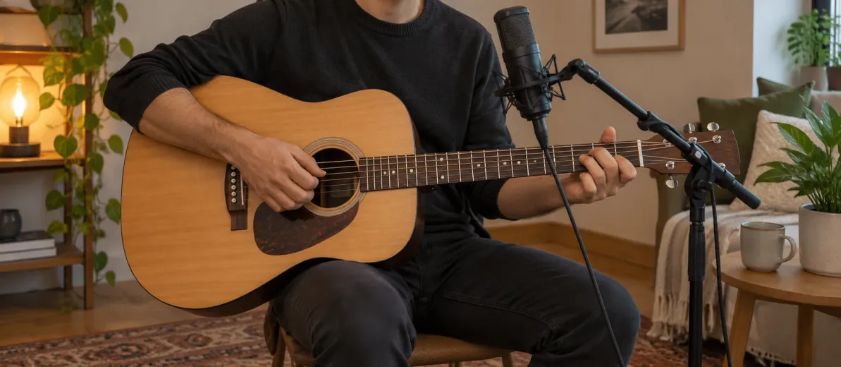 Mikrofonun yanında akustik gitar çalan kişinin elleri ve gitarın yakın görünümü