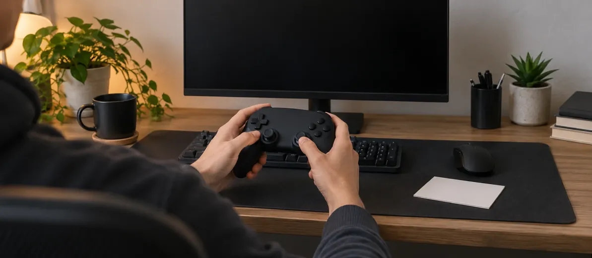 Ekranı kapalı monitörün önünde siyah oyun kumandası tutan kişi ve boş not kartı