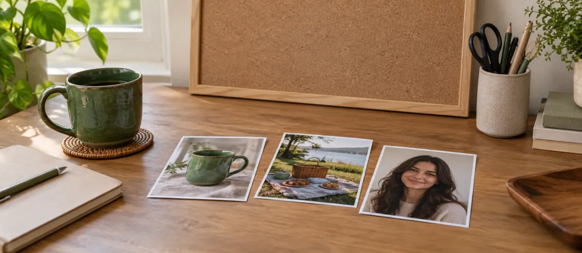 Yeşil kupa, piknik ve portre fotoğrafları ile boş mantar pano
