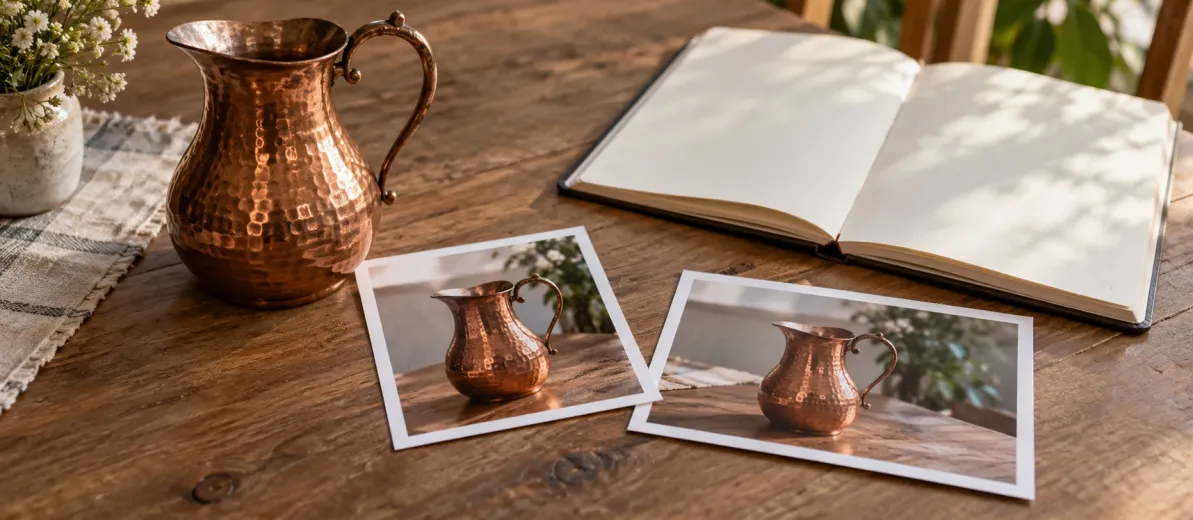 Bakır sürahi, sürahinin kare ve yatay fotoğraf baskıları ile açık boş kaynak defteri.