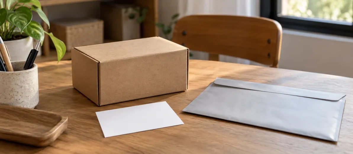 Paket hazırlama masasında etiketsiz kapalı karton kutu, boş yanıt kartı ve kapalı opak zarf.