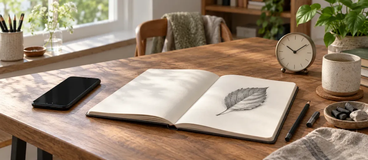 Yaprak çizimli açık defter, siyah ekranlı telefon ve sade analog saat