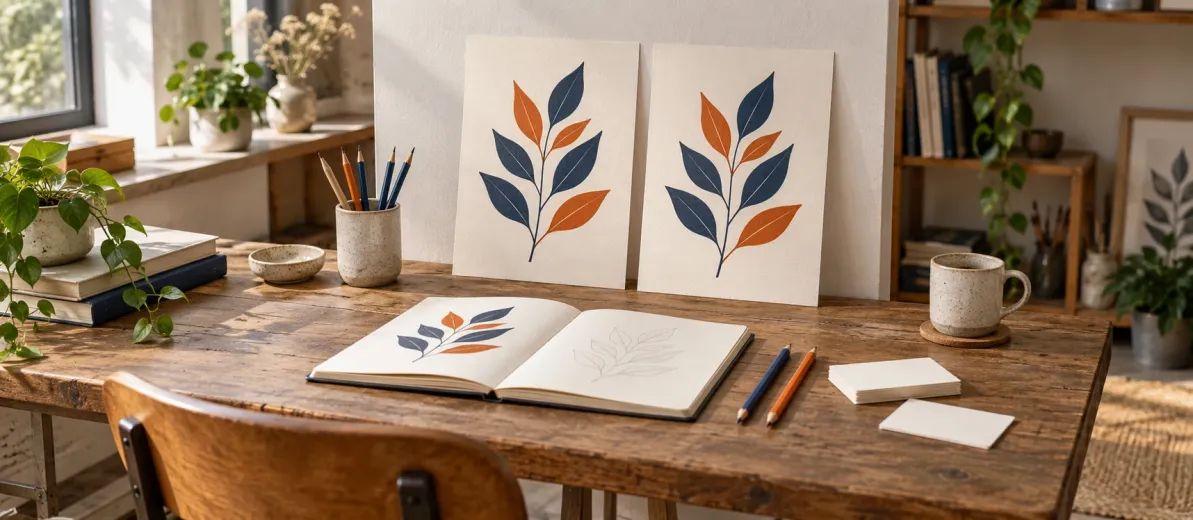 Lacivert-turuncu botanik kağıt baskıları, açık eskiz defteri ve boş kartlar