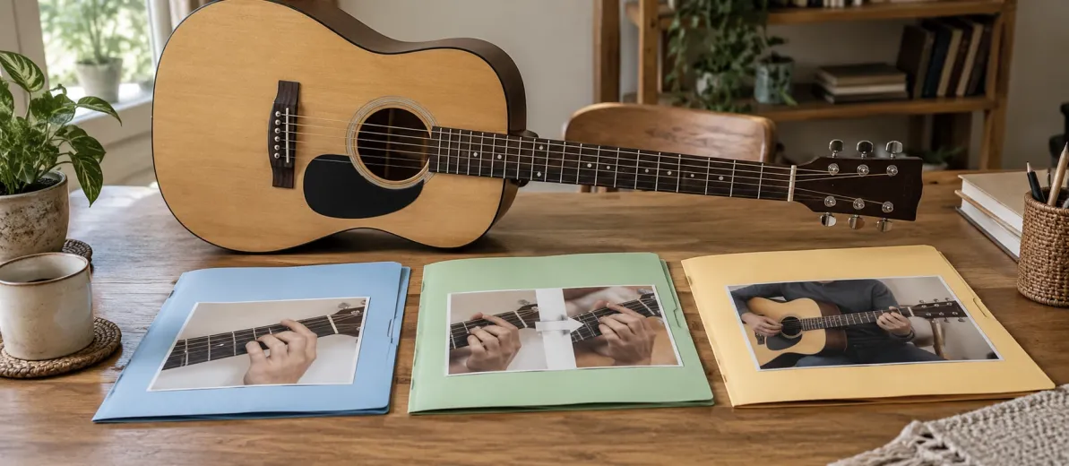 Akustik gitarın yanında farklı alıştırma fotoğrafları içeren üç renkli dosya
