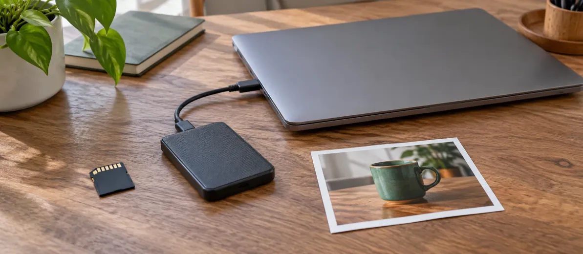 Kapalı bilgisayara bağlı SSD, SD kart ve yeşil kupa fotoğrafı