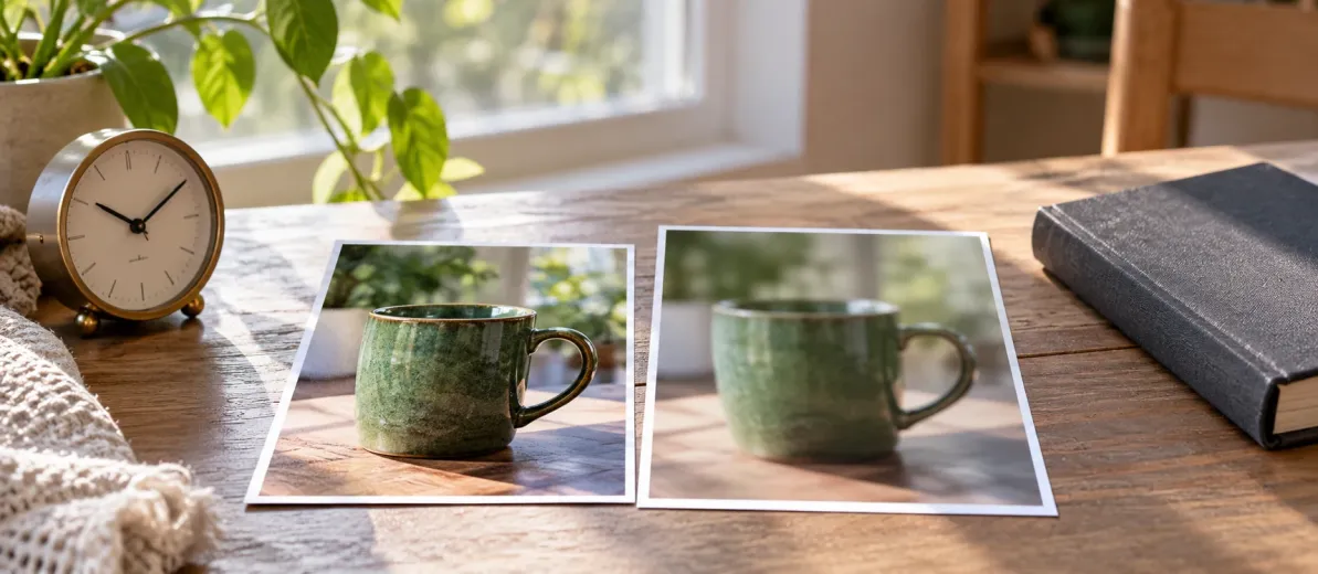 Aynı yeşil kupanın net ve bulanık iki fotoğrafı, analog saat ve kapalı dosya