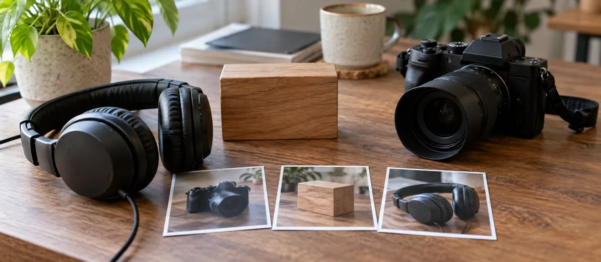 Ahşap blok, fotoğraf makinesi, kulaklık ve bu nesneleri gösteren üç fotoğraf.