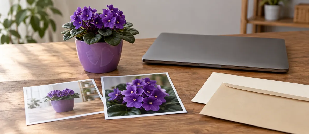 Mor saksıdaki çiçek, genel ve yakın fotoğrafları, kapalı bilgisayar ve zarflar.