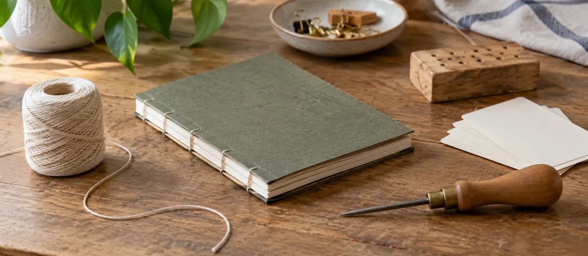 İplikle ciltlenmiş yeşil defter, iplik makarası, ciltleme araçları ve boş kartlar.