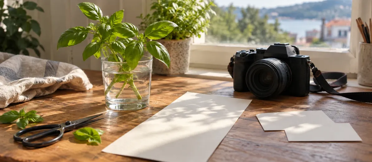 Suda duran fesleğen dalı, makas, yazısız fotoğraf makinesi ve boş kağıtlar.