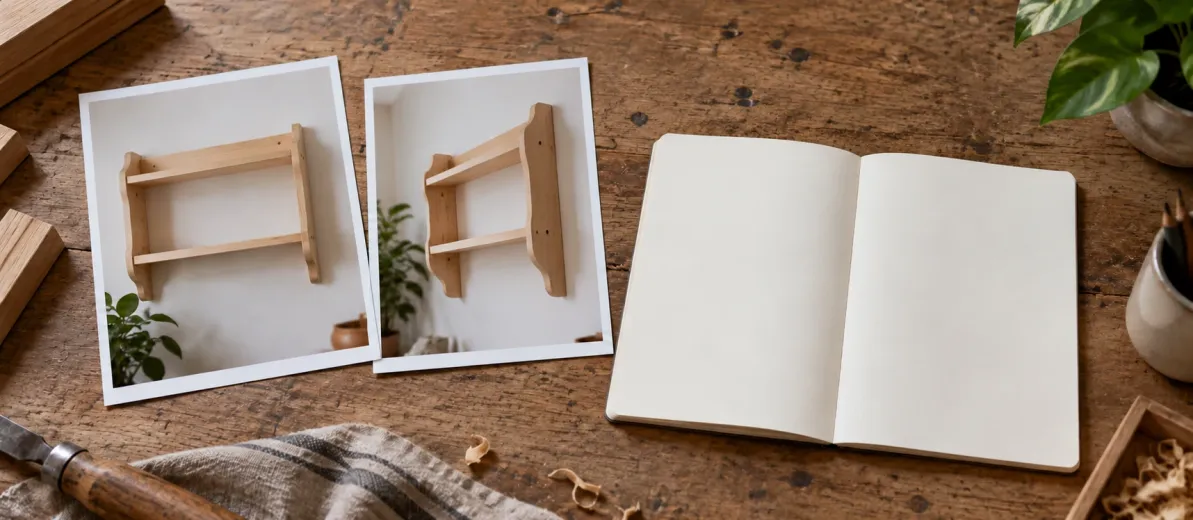Ahşap duvar rafının iki fotoğrafı ve boş açık defter.