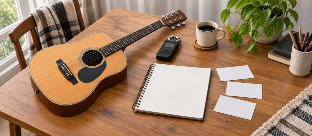 Akustik gitar, siyah ses kayıt cihazı, boş defter ve üç boş kart.
