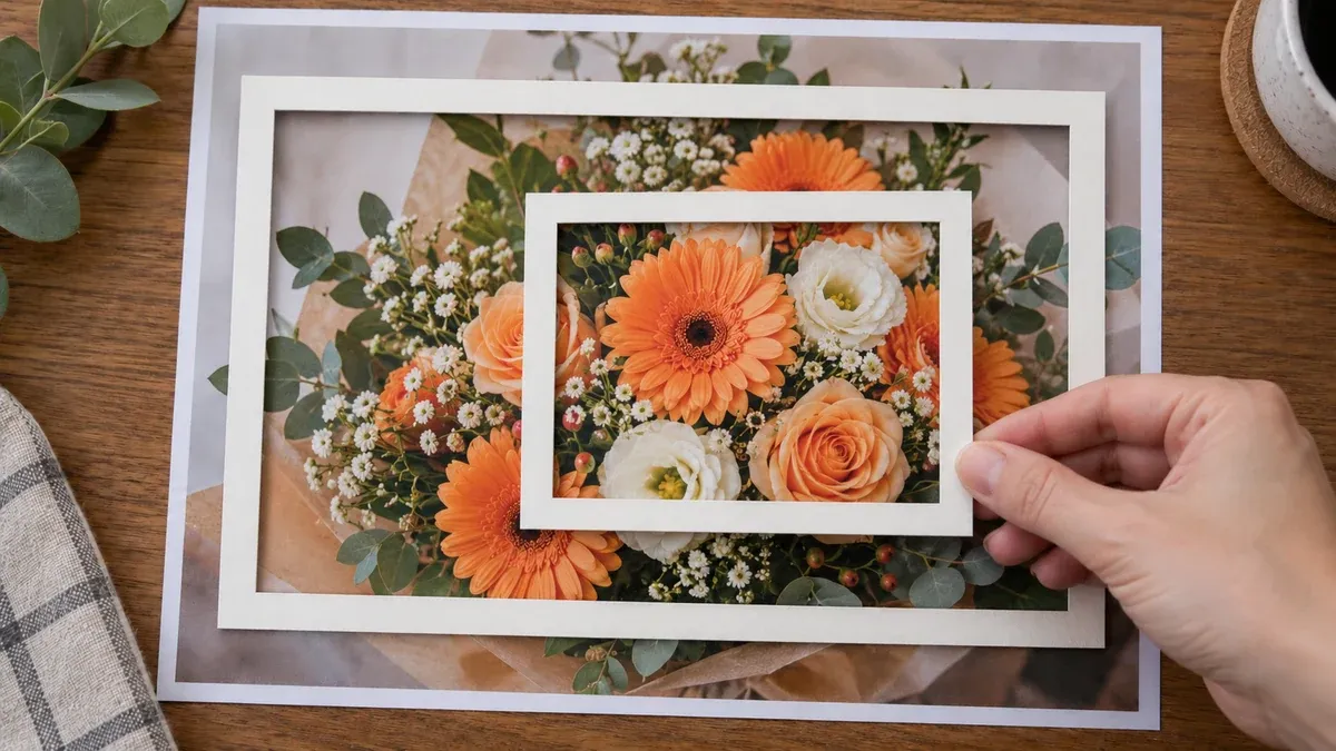Turuncu ve krem buket fotoğraflarını geniş ve dar fiziksel çerçevelerde karşılaştıran el.