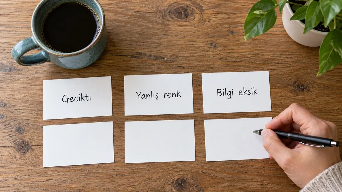 Fincan yanında Gecikti, Yanlış renk ve Bilgi eksik kartları ile boş yanıt kağıtları.