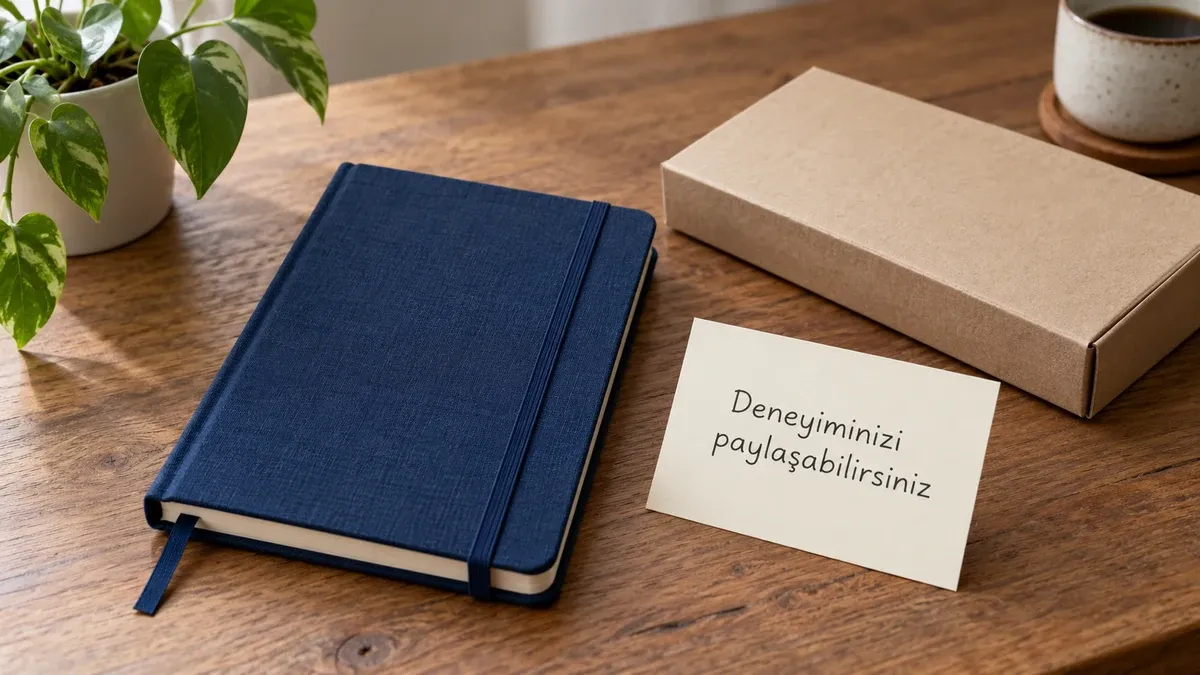 Lacivert defter yanında Deneyiminizi paylaşabilirsiniz yazılı bir davet kartı.