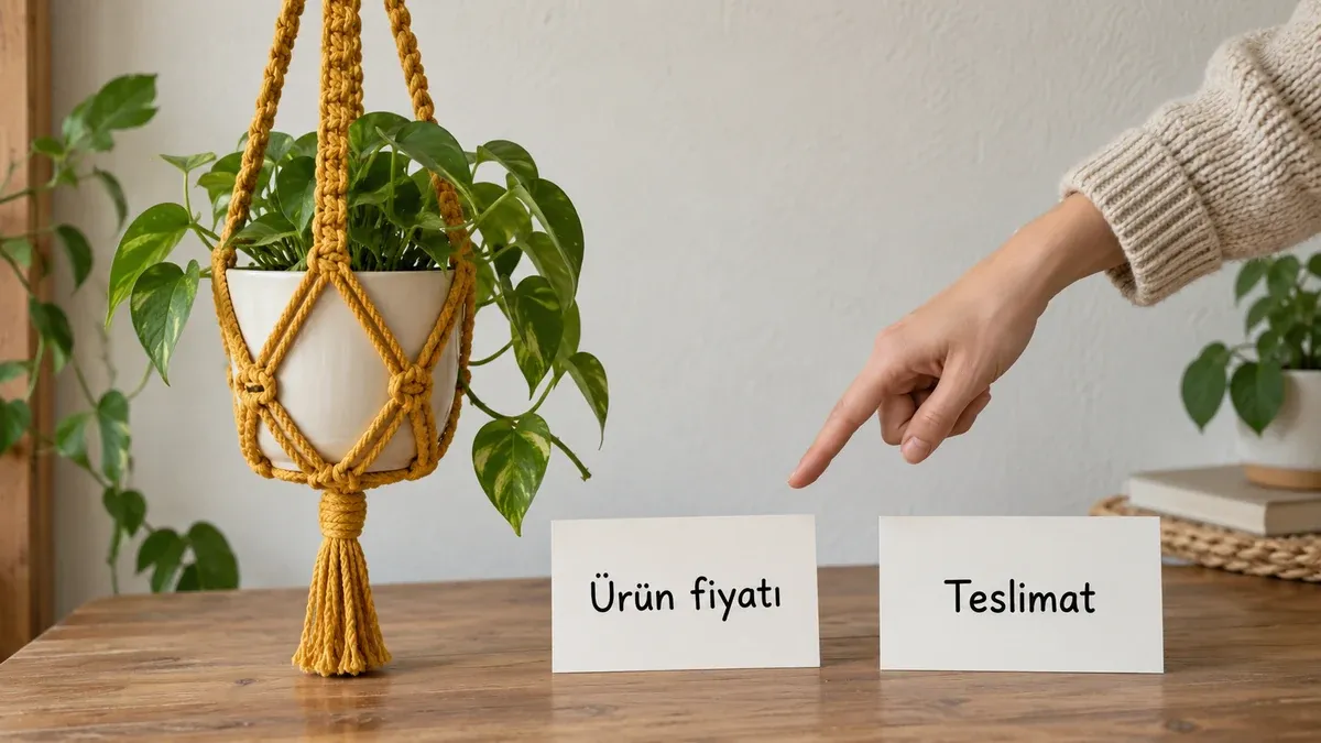 Makrome askı yanında Ürün fiyatı ve Teslimat bilgilerini ayıran iki fiziksel kart.