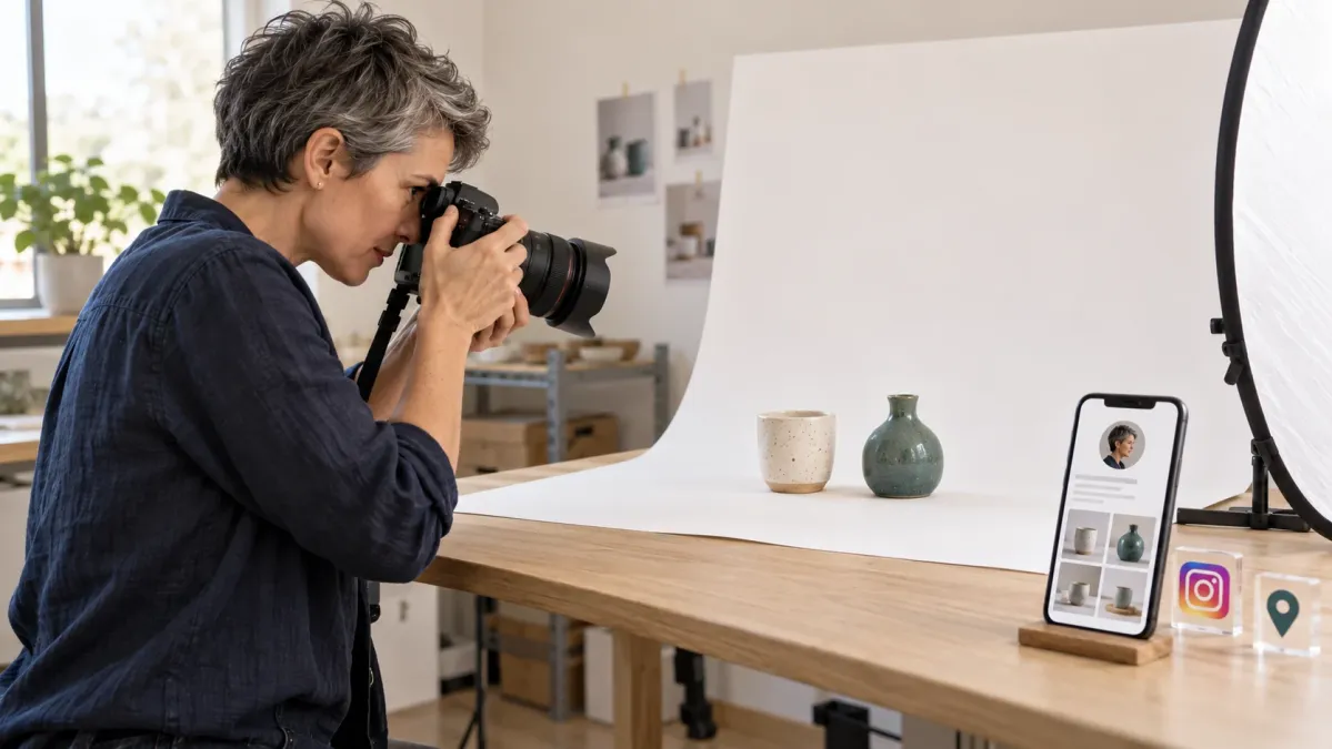 Seramik ürünlerin çekimini yapan fotoğrafçı ve yanında ürün fotoğraflarını gösteren profil, Instagram ve konum simgeleri.
