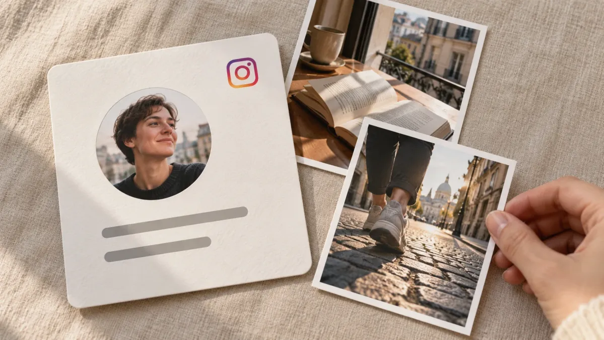 Kısa biyografi alanı bulunan profil kartının yanında kitap okuma ve şehir yürüyüşü fotoğrafları.