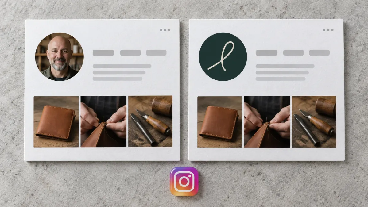 Aynı biyografi ve deri ürün gönderilerini taşıyan iki profil görünümü; birinde yüz fotoğrafı, diğerinde sade bir logo kullanılıyor.
