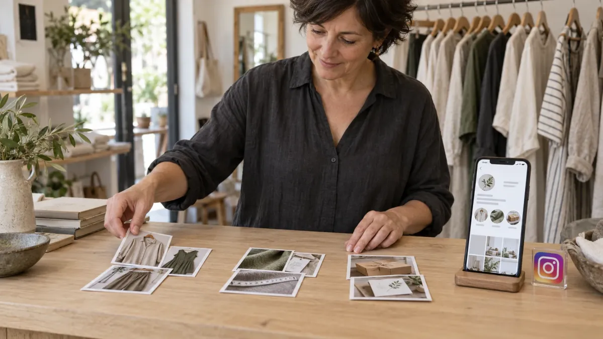Butik sahibi ürün, kumaş ve paket fotoğraflarını üç gruba ayırıyor; telefonda aynı konuları gösteren profil bulunuyor.