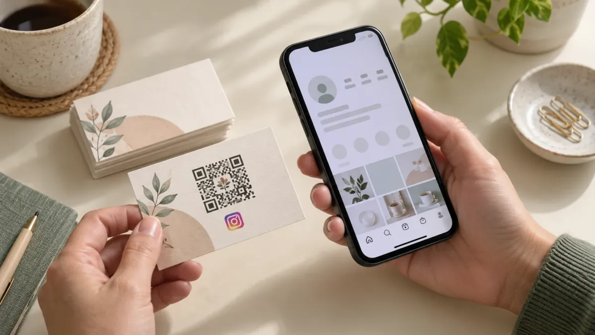 QR kodlu ve Instagram simgeli kartı tutan kişi, telefonunda profil sayfasını kontrol ediyor.