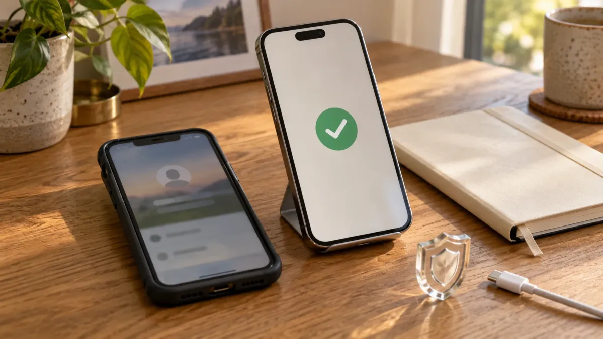 Eski profil ekranı ve yeni cihazdaki kontrol simgesiyle yan yana duran iki telefon