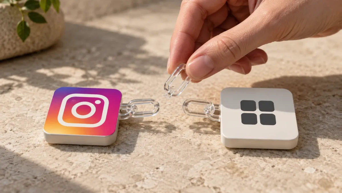 Instagram simgesi ile üçüncü taraf hizmet simgesi arasındaki saydam bağlantıyı kaldıran el.