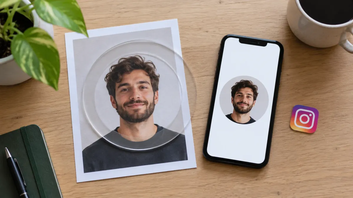 Bir portre baskısının dairesel kırpması ve telefondaki profil görünümü.