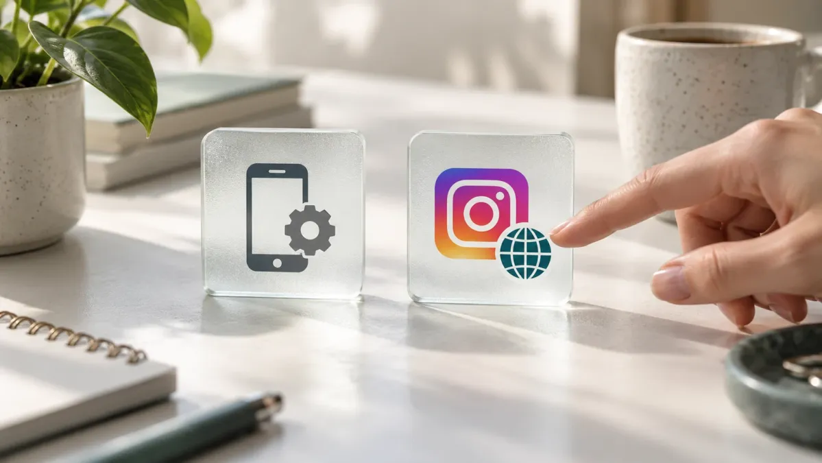 Telefonun sistem ayarları ile Instagram dil ayarını ayıran iki cam simge.