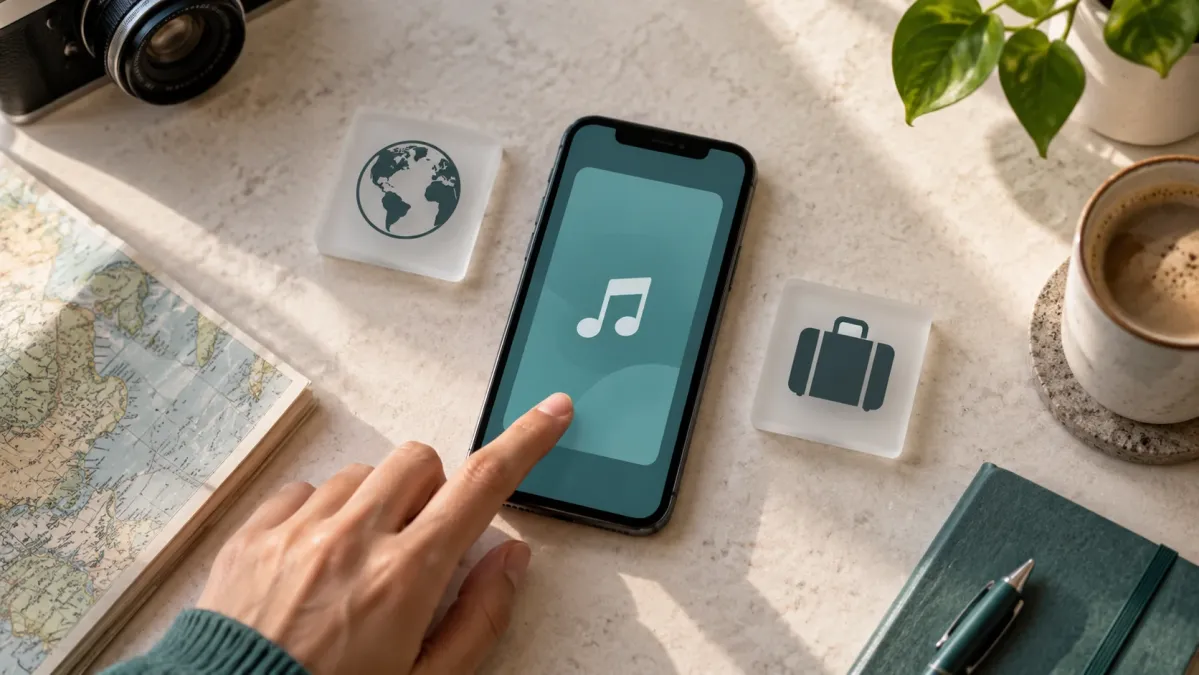 Telefondaki müzik simgesinin yanında bölgeyi ve iş kullanımını anlatan dünya ve çanta simgeleri.
