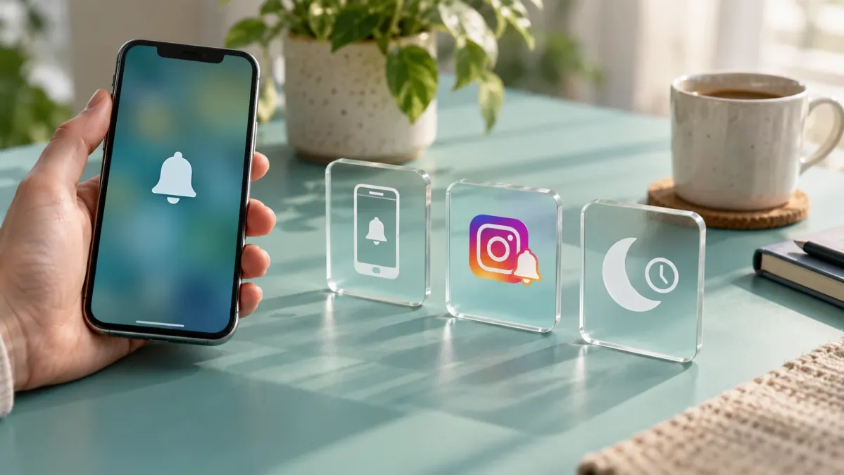 Telefon izni, Instagram bildirimi ve zamanlanmış sessizliği ayıran üç cam simge.