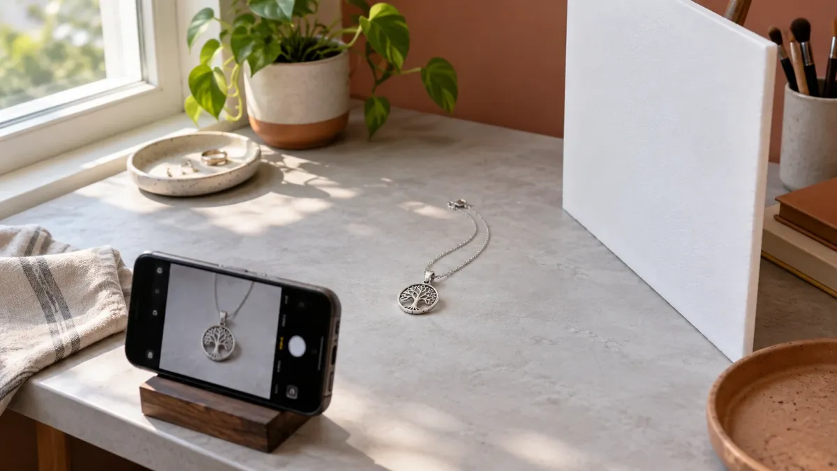 Solda pencere, ortada kolye, sağda beyaz karton ve önde telefon bulunan çekim düzeni.