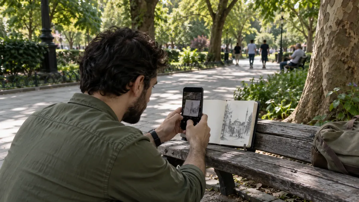 Ağaçlıklı parkta bir bankın yanında telefonla çekim hazırlayan kişi