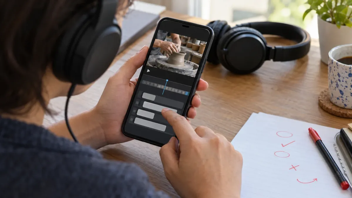 Telefondaki video altyazı satırını kulaklıkla dinleyerek kontrol eden editör