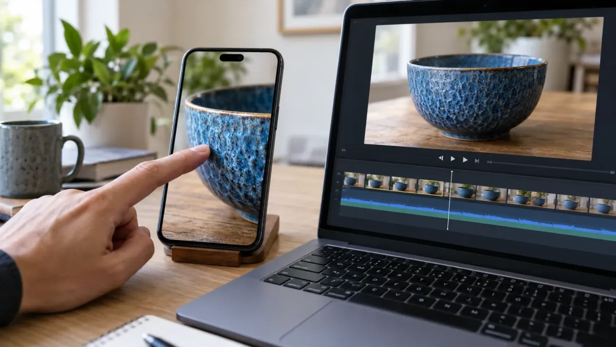Aynı ürün videosunun telefondaki orijinalini ve bilgisayardaki dışa aktarımını karşılaştıran kişi