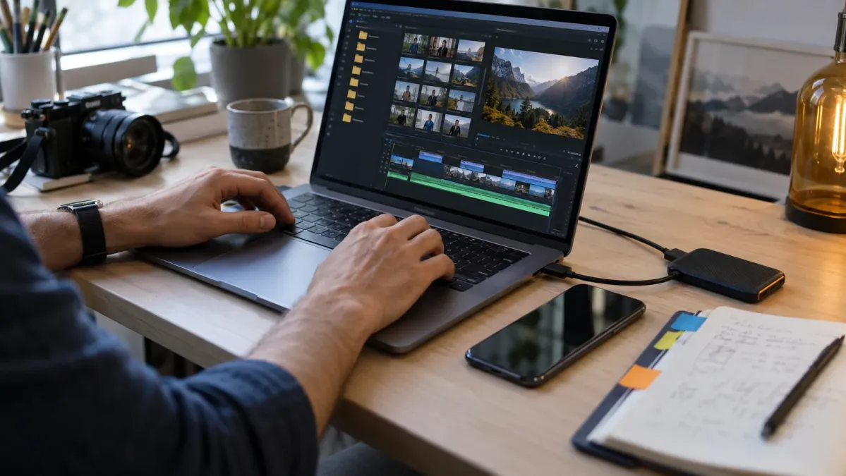 Video klasörlerini düzenleyen kişi, harici disk ve dosya notlarının bulunduğu masa