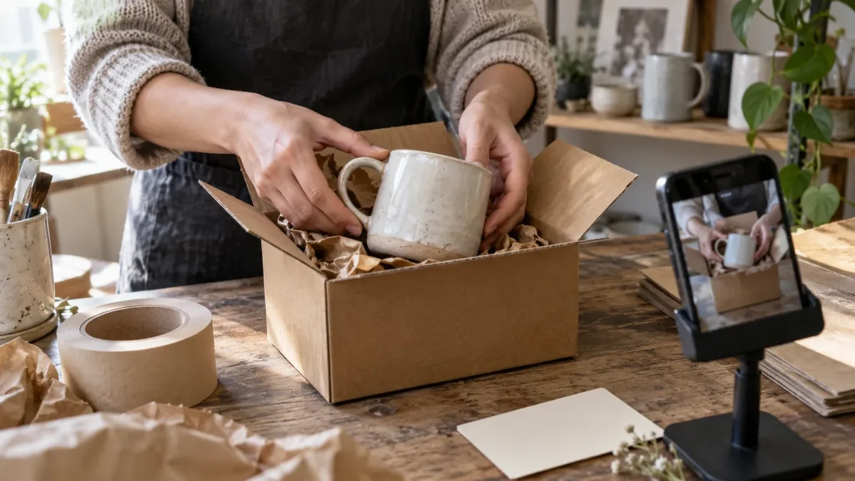 Sipariş etiketi görünmeyen paketleme masasında günlük üretim ayrıntısını telefonla kaydeden kişi