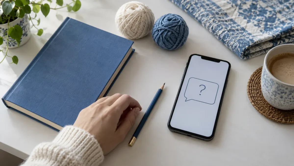 Kitap, kumaş ve yün yumaklarının yanında soru simgesi gösteren telefon