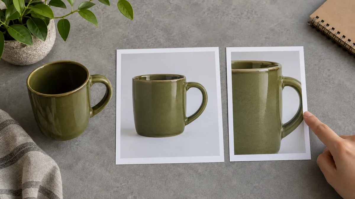 Yeşil kupanın tam ürün fotoğrafı ile gövdesine ve kulbuna yakın kırpmayı karşılaştıran el.