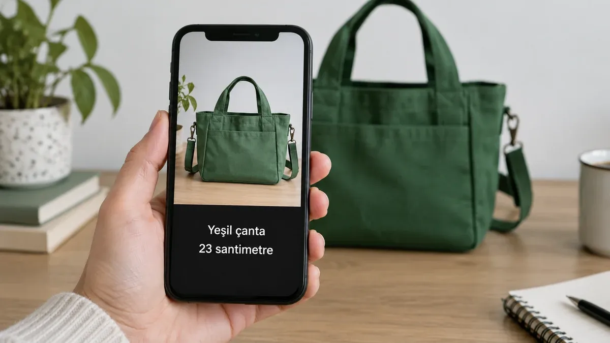 Yeşil çanta görüntüsünün altında Yeşil çanta ve 23 santimetre yazıları görünen telefon.