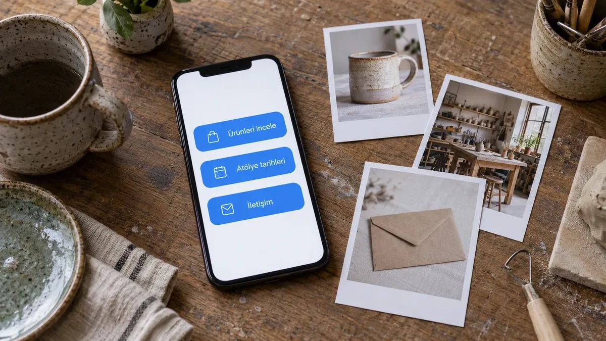 Ürünleri incele, Atölye tarihleri ve İletişim düğmeleri bulunan telefonun yanındaki üç fotoğraf.
