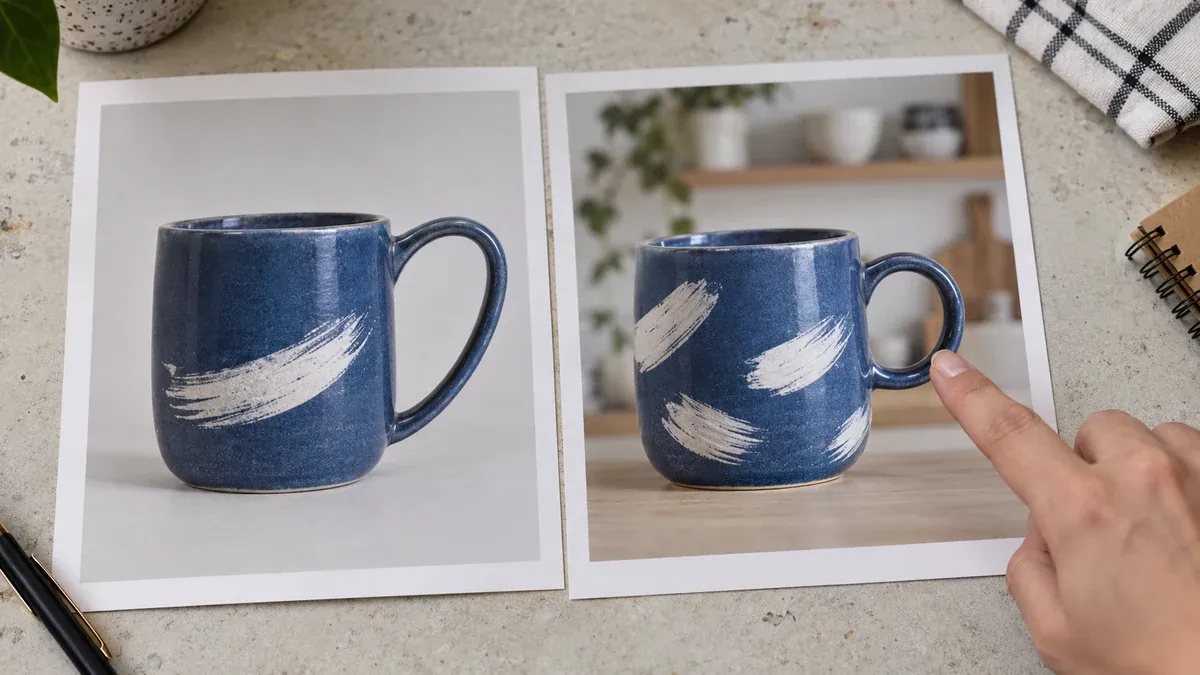 Mavi kupanın oval kulplu fotoğrafıyla yuvarlak kulplu ve deseni çoğalmış görüntüsünü karşılaştıran el.