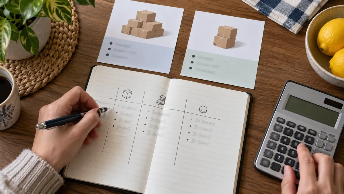 Paket ve bedel sütunlarını defter ve hesap makinesiyle karşılaştıran eller.